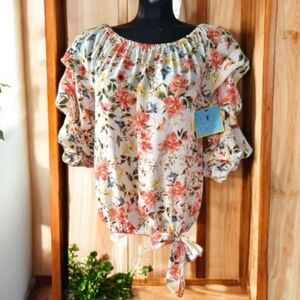 🆕️ CeCe Floral Lightweight Blouse With Tiered Ruffled Sleeves & Front Tie